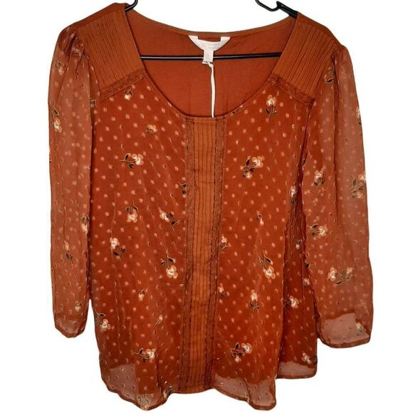 LC Lauren Conrad 3/4 Clipped Floral Dot Blouse in Rust Orange sz L NWT - Picture 1 of 8